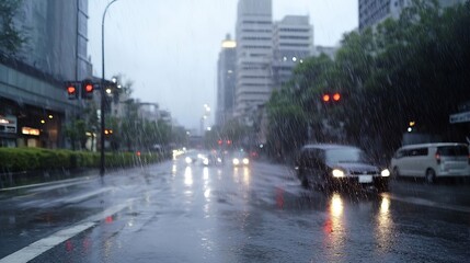 Urban Rainy Night Scene with Blurry Cars and Neon Lights Reflecting on Wet Road : Generative AI