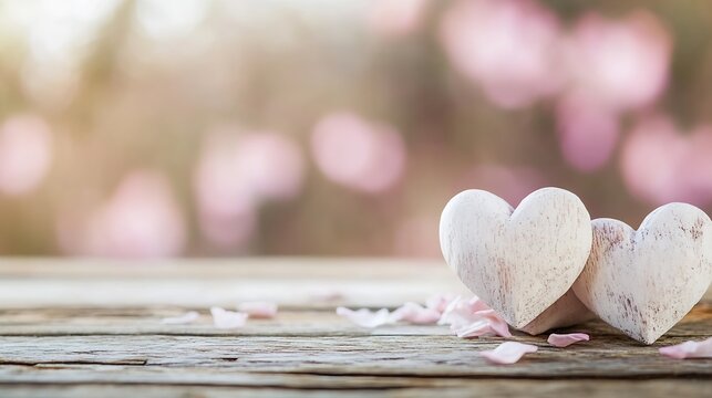 Two rustic heart decorations on a wooden table with a blurred background : Generative AI