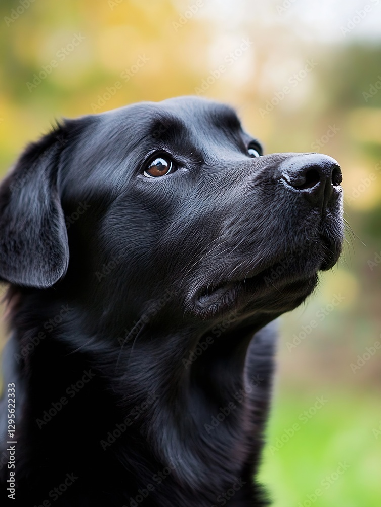 Poster close up portrait of a majestic black labrador retriever with deep expressive eyes in a lush green s