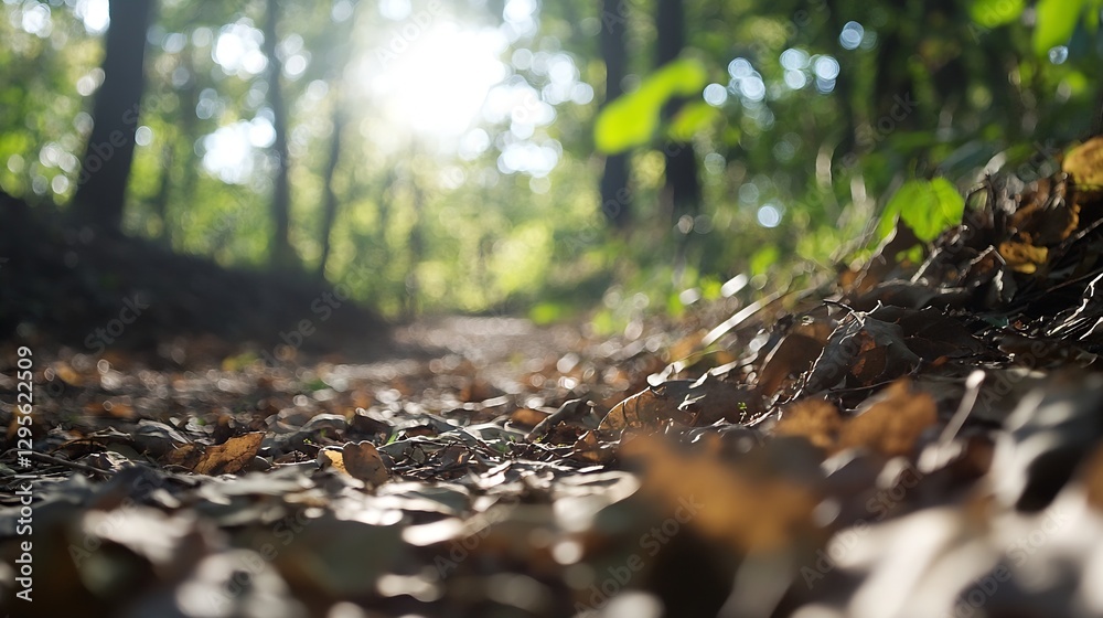 Aufkleber Serene forest pathway illuminated by sunlight through trees showcasing fallen leaves in a tranquil setting : Generative AI