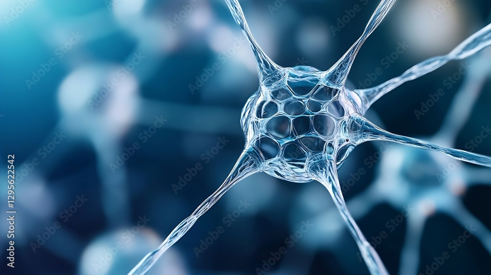 Fototapete Closeup of a neuron network showcasing intricate connections with a deep blue background : Generative AI