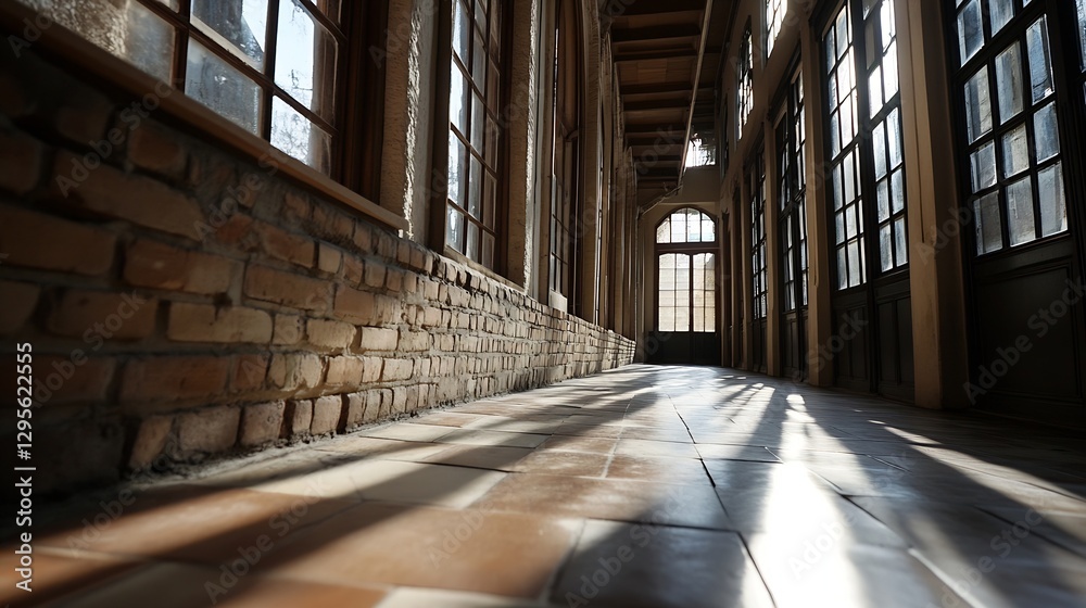 Poster Stylish corridor with large windows creating beautiful shadows on the floor : Generative AI