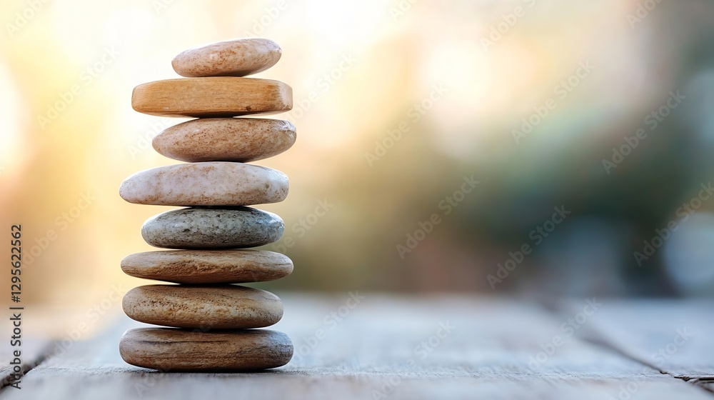 Poster elegant arrangement of smooth stacked stones creating a calming and balanced zen garden atmosphere :