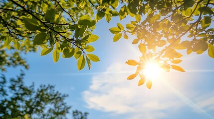 Obraz premium Sunlight Filtering Through Green Leaves Creating a Bright Summer Mood : Generative AI