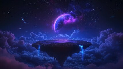 A fantasy landscape shows a floating island with waterfalls and a planet