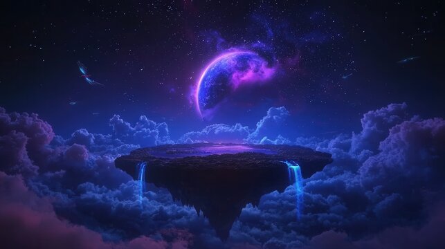 A fantasy landscape shows a floating island with waterfalls and a planet
