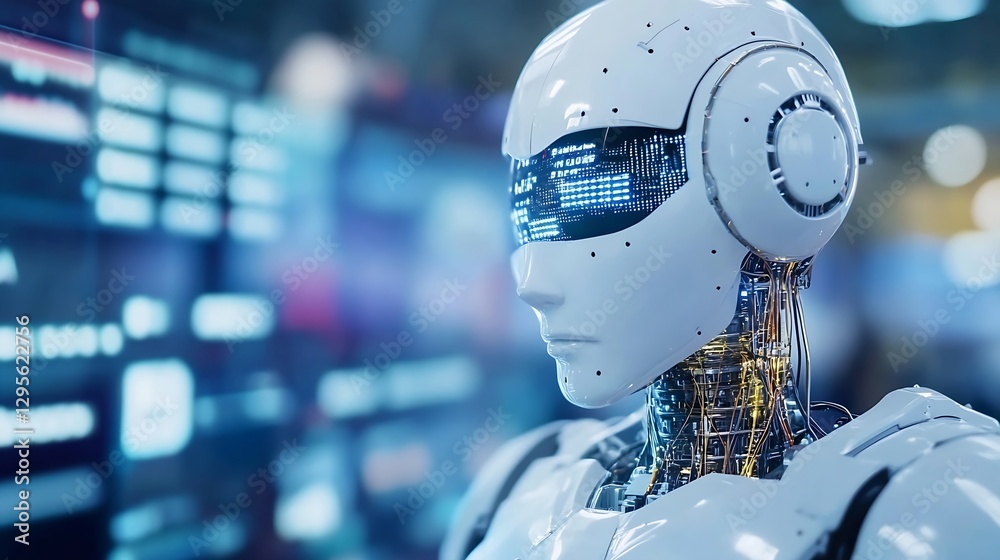Poster Futuristic close up of a sophisticated humanoid robot with advanced technological displays showcasing artificial intelligence : Generative AI