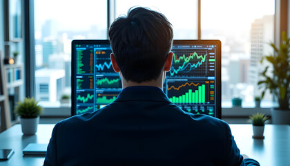 businessman analyzing stock market charts, financial data on laptop. Ai generated image