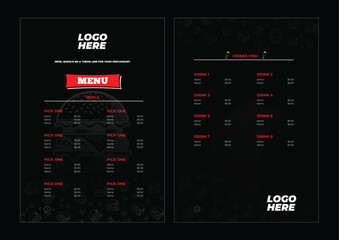 Modern Restaurant Menu Template with Customizable Meal and Drink Options, Black and Red Theme, Space for Logo and Branding