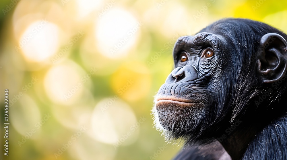 Poster majestic chimpanzee gazing thoughtfully with blurred background in a vibrant natural setting : gener