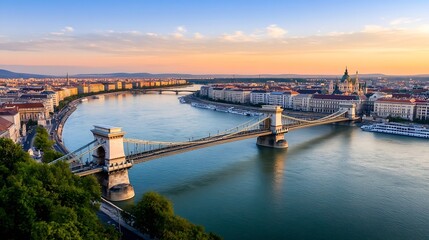 Fototapeta premium Aerial view of the beautiful Chain Bridge over the river in Budapest during a stunning sunset with cityscape : Generative AI