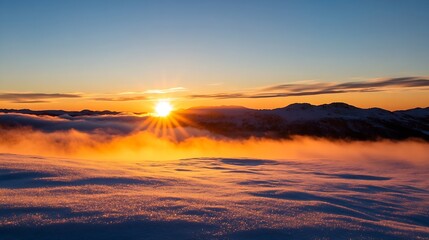 Obraz premium Breathtaking sunset over a snowy mountain landscape with vibrant colors illuminating the evening sky : Generative AI