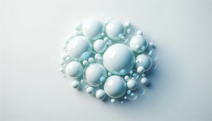 Fototapeta premium Cluster of transparent soap bubbles on light background, abstract hygiene and cleaning concept with copy space