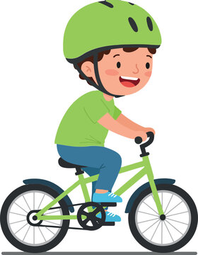 A cheerful boy wearing a green helmet rides a bright green bicycle in a playful, minimal style vector illustration