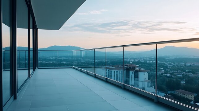 Modern balcony view overlooking a serene landscape and mountains at dusk with soft twilight : Generative AI