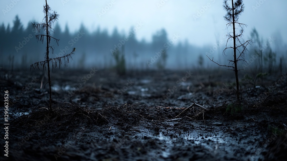 Aufkleber Mysterious Foggy Landscape with Sparse Trees in Wet Terrain : Generative AI
