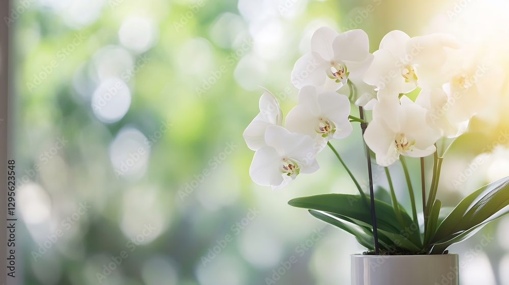 Poster stunning arrangement of white orchids in a modern pot against a softly blurred natural background : 