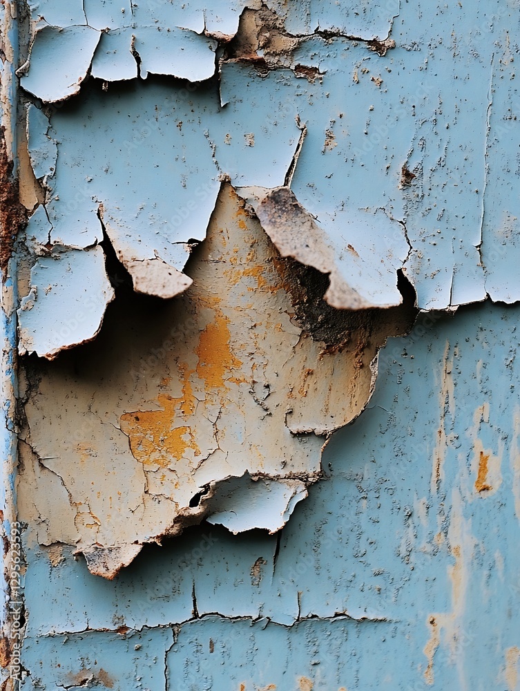 Poster textured closeup of blue peeling paint revealing rusty surface underneath on weathered structure : g