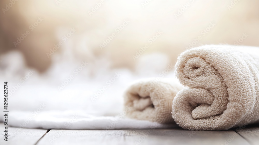 Leinwandbilder rolled soft bath towels on a wooden surface for a tranquil spa experience with relaxing atmosphere :