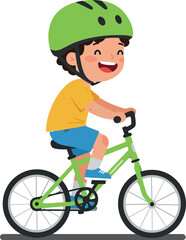 Fototapeta premium Happy child riding a green bicycle in a playful, flat design style, enjoying a sunny day, cheerful expression, vector illustration