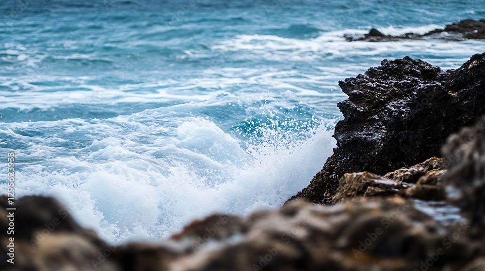 Poster waves crashing against rocky shoreline in a beautiful ocean scene capturing the power of nature : ge