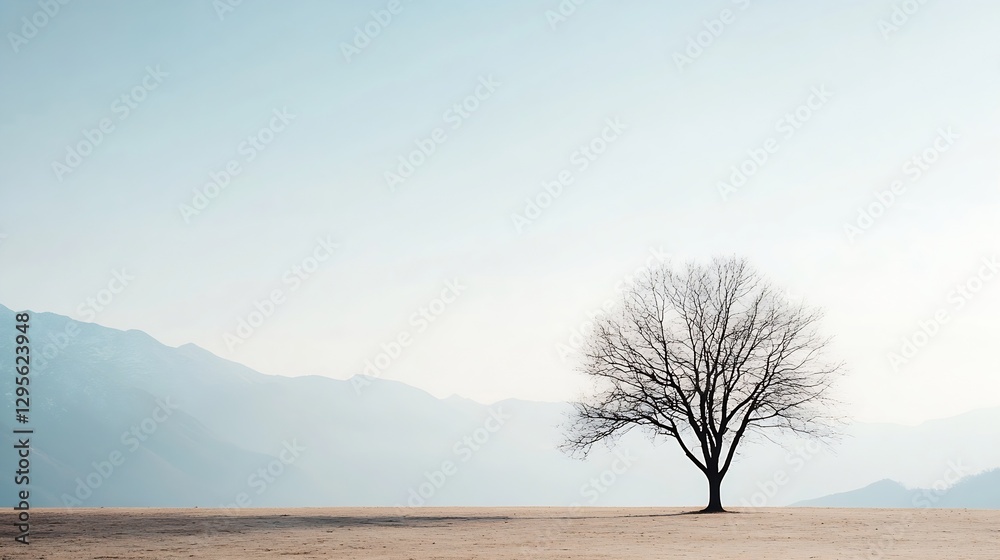 Poster Solitary tree standing in a serene landscape with mountains in the background under a calm sky : Generative AI
