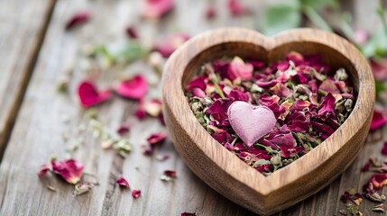 Wooden Bowl Filled with Dried Rose Petals and Heart Shaped Decoration for Aromatherapy : Generative AI