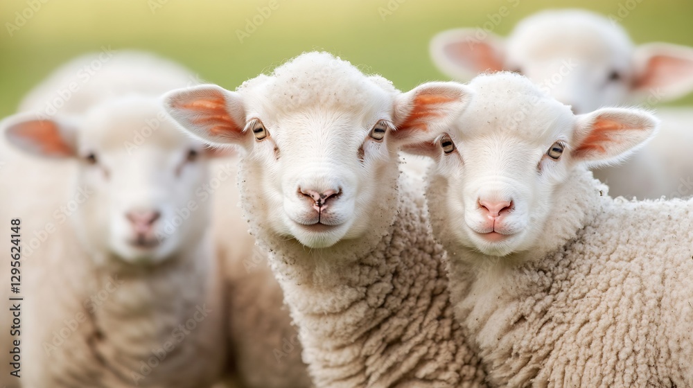 Poster curious sheep looking towards the camera in a green pasture showcasing their adorable features and w