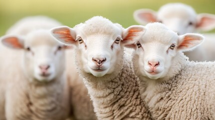 Obraz premium Curious sheep looking towards the camera in a green pasture showcasing their adorable features and woolly coats : Generative AI