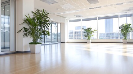 Fototapeta premium Bright and modern office space featuring lush plants and large windows for a vibrant workplace atmosphere : Generative AI