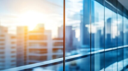 Stunning urban view with modern glass buildings reflecting the warm light of a sunset : Generative AI