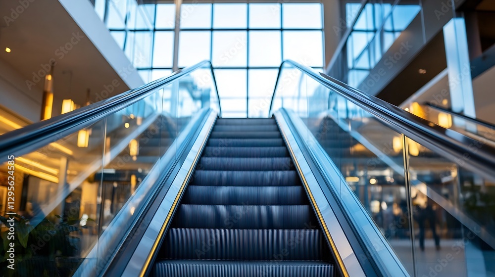 Poster escalator leading up in a bright shopping mall with large glass windows and modern architecture : ge