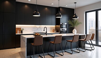 Modern kitchen with contrasting colors and elegant design featuring a stylish bar area

