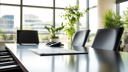 Fototapeta premium Corporate Meeting Room Setup with Green Plants and Modern Aesthetics : Generative AI