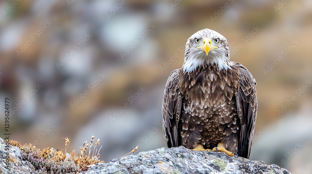 Poster close up of a majestic eagle perched on a rock with a focused gaze showcasing its impressive feature