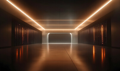 Empty server room, neon lights, futuristic