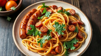  A meticulously arranged platter of penne, sausages and arugula. 