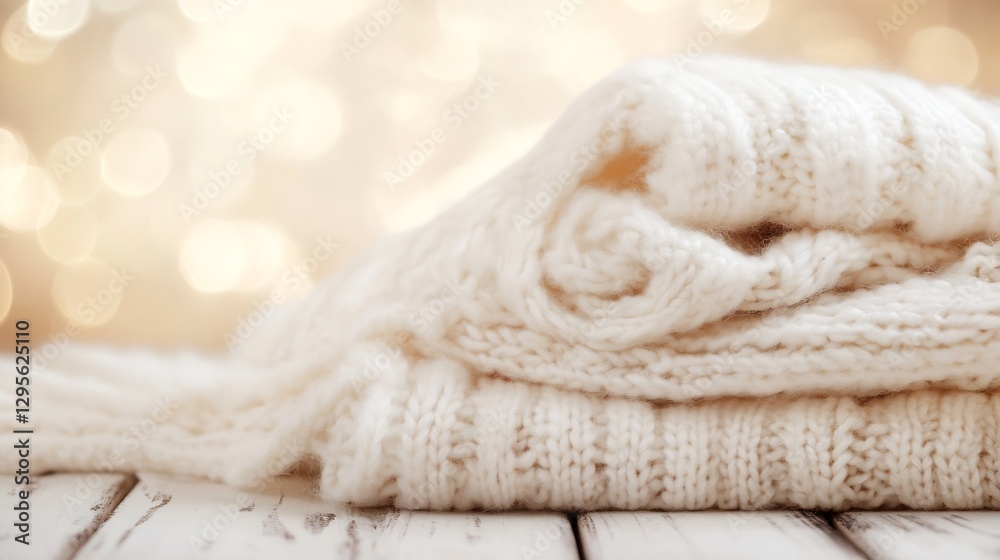 Poster cozy and warm folded knitted sweaters on wooden table with soft bokeh background : generative ai