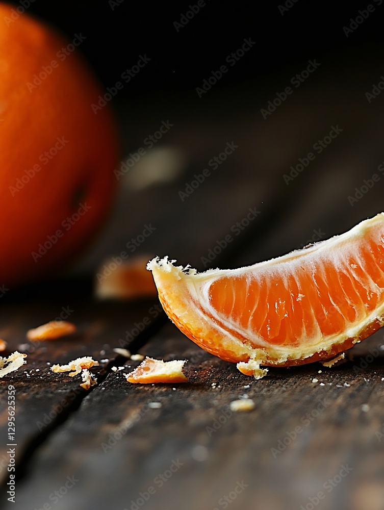 Poster CloseUp of Fresh Orange Segment with Zest on Wooden Table : Generative AI