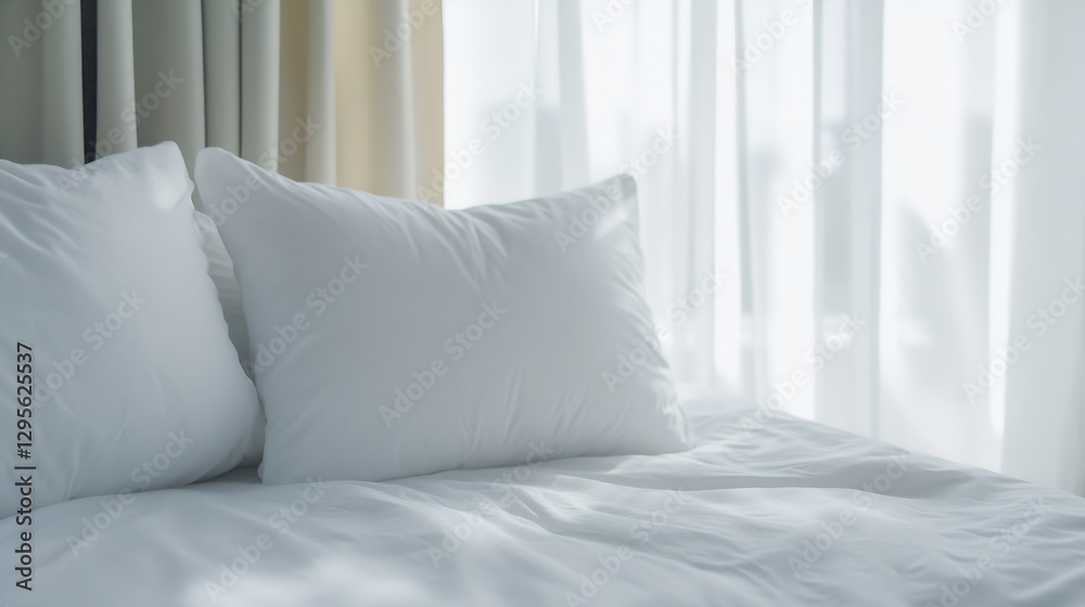 Poster soft white pillows on a cozy bed with sheer curtains gently filtering sunlight for a relaxing atmosp
