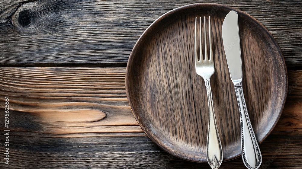 Poster elegant wooden plate setting with fork and knife ready for a delicious meal : generative ai