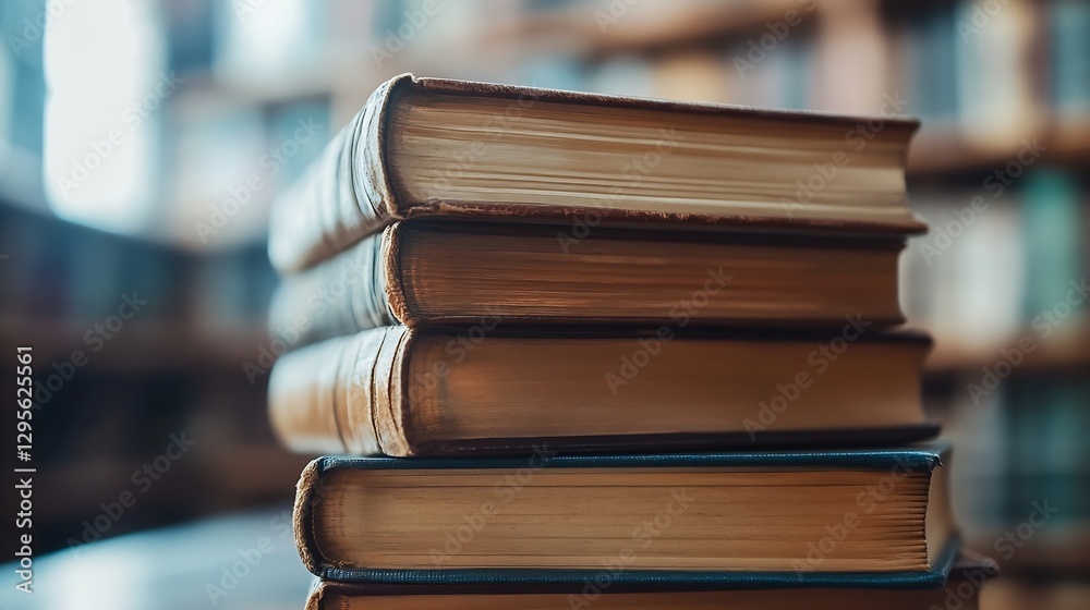 Aufkleber Closeup view of vintage books stacked on a shelf surrounded by an enchanting library atmosphere : Generative AI