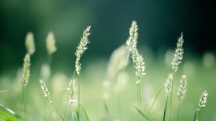 Delicate Blades of Green Grass Swaying in the Gentle Breeze Under Bright Light : Generative AI