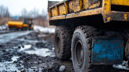 Dirty Yellow Dump Truck on Wet Muddy Road with Heavy Machinery in Background : Generative AI