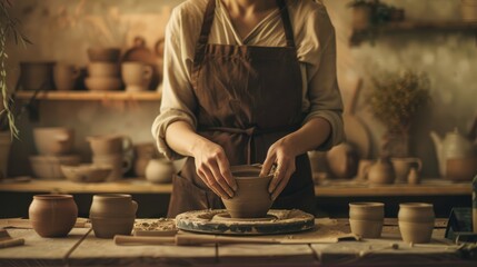 Picture of skillful potter building minimal pottery use tool for artwork. Smart artist craft DIY ceramic handmade art from clay inside studio. Crafting activity concept perfect for decoration. AIG61.