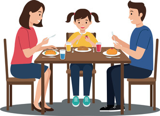 Family enjoying a meal together at a dining table in minimal vector art style with colorful dishes and cheerful expressions