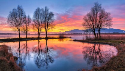 Obraz premium Sunset lake reflection, trees, mountains