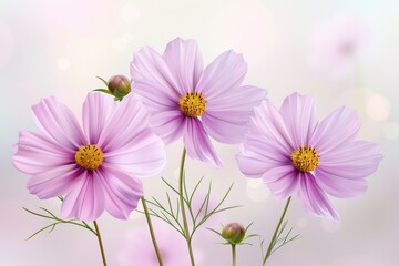 Three delicate pink flowers with yellow centers against a soft, soft pastel background.