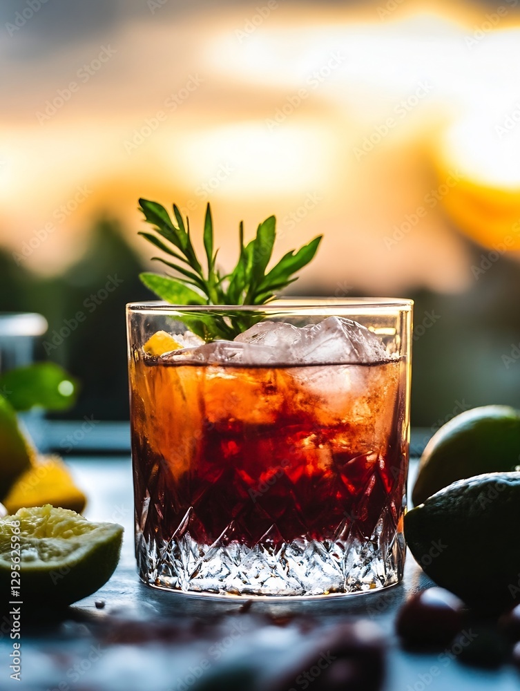 Poster refreshing cocktail served in a glass with ice and garnished with a sprig of mint and lemon : genera