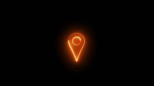 Animated Glowing Neon Cyan and Red Location Signal Icon with Map, Road Sign, and Address Decoration on Black Background. 4k